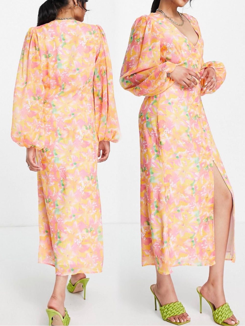 ASOS Balloon Sleeve Pink Orange Floral Button Up Dress